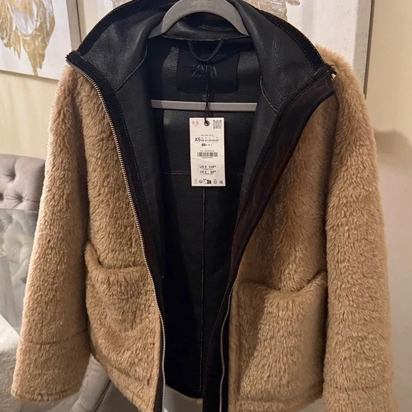 NWT Zara | ZW COLLECTION FAUX SHEARLING DOUBLE-FACED Tan Teddy Jacket for Women - Picture 17 of 17